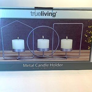 NEW METAL TRUE LIVING SILVER CANDLE HOLDER HOLDS 3 SMALL CANDLES OR TEA LIGHTS